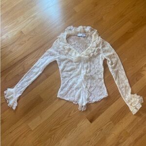 Lace Blouse Y2K Ruffle Front Cuff Cream Grannycore Cottagecore